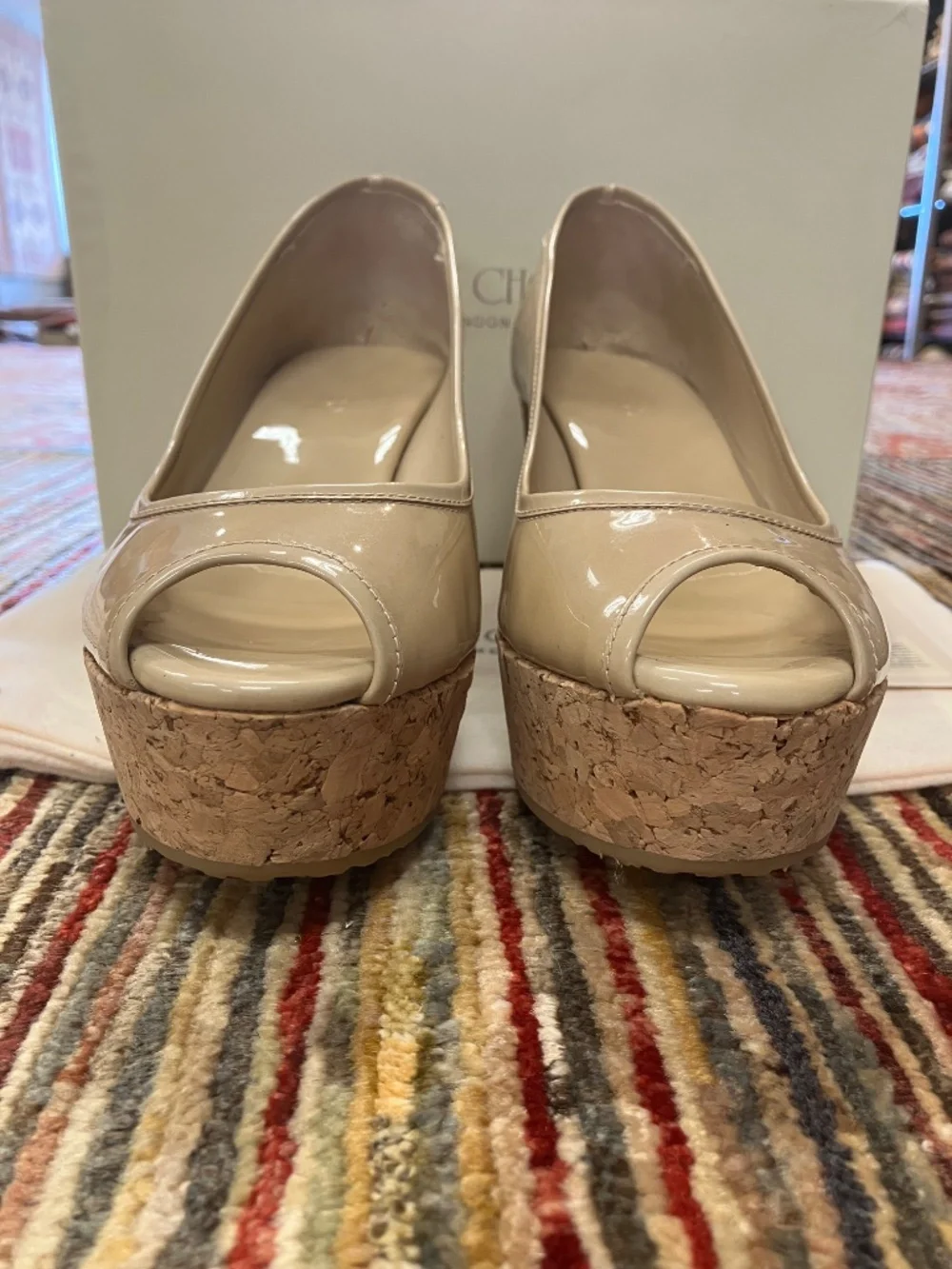 NEW Jimmy Choo USA 7 - Open Toe, Nude (Tan, Beige), Patent Leather, Cork Wedges